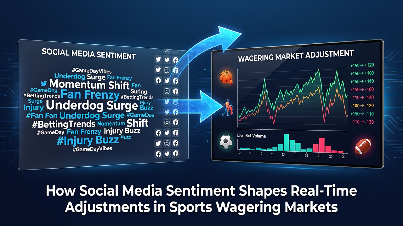 Sports betting analysts reviewing social media feeds on multiple screens during a live event