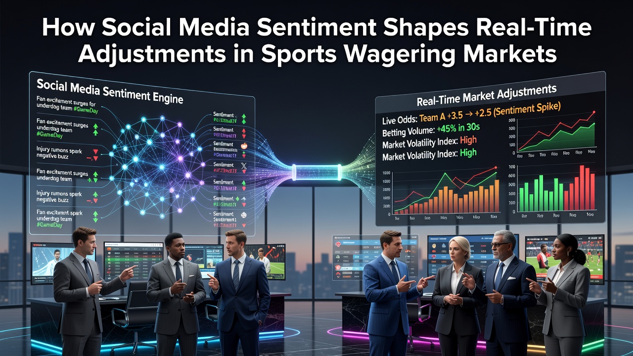 Live sports wagering dashboard displaying fluctuating odds alongside real-time social sentiment metrics